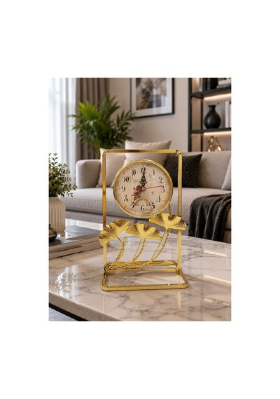 Gold Metal Çerçeveli Paris Manzaralı Ginkgo Yapraklı Dekoratif Masa Üstü Saat Ve Biblo 24x16 Cm Saat Seçeneği-Saatli