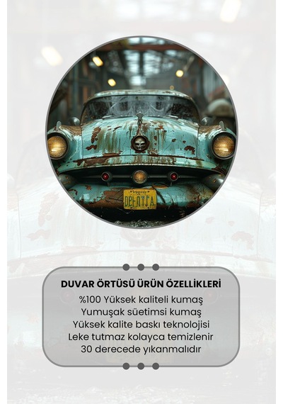 Turkuaz Klasik Araba Desenli Duvar Halısı Duvar Örtüsü Tapestry Süet Dokulu Kumaş