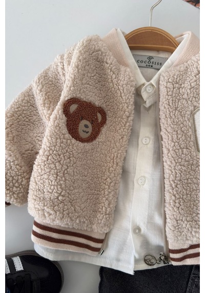 Minigimin Cicileri Bear Aplike Detaylı Peluş Hırkalı Erkek Bebek 3 Lü Takım - Bej