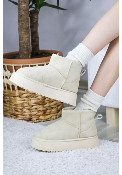 Asmi Shoes Kadın Pavro Süet İçi Kürklü Kalın Taban 4.5 Cm Mini Kısa Bot Krem Krem