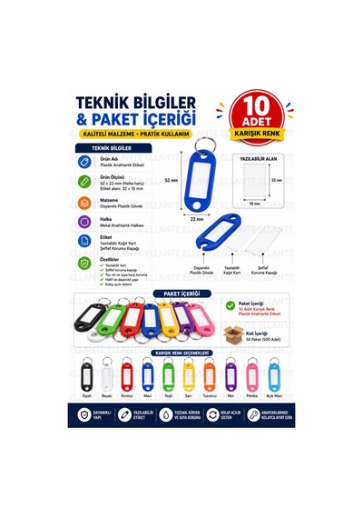 10 Adet Karışık Renk Plastik Anahtarlık Etiketi Yazılabilir İsimlik Anahtar Etiketi Metal Halkalı Bo