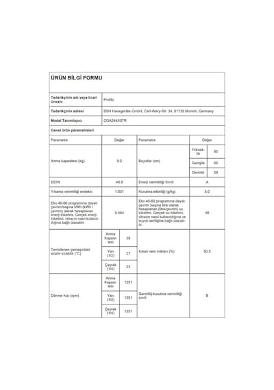 Profilo CGA244X0TR 1400 Devir 9 KG Çamaşır Makinesi