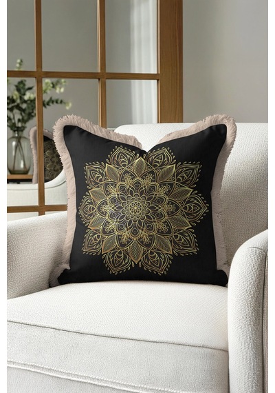 Mandala Motifli Saçaklı Yastık Kılıfı - Lüks Bohem Siyah Altın Renkli Püsküllü Kırlent Kılıfı Yosunlu Koyu Gri Mandala Motifli Saçaklı Yastık Kılıfı - Lüks Bohem Siyah Altın Renkli Püsküllü Kırlent Kılıfı Yosunlu Koyu Gri