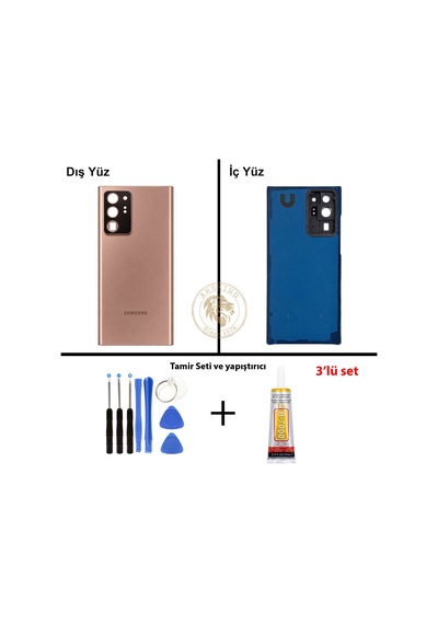 Samsung Galaxy Note 20 Ultra Bronz Renk Lensli Arka Kapak + Tamir Seti + B7000 Yapıştırıcı Arka Cam Batarya Kapağı Pil Kapağı Lazer Kesim Back Cover Galaxy Note 20 Ultra Uyumlu
