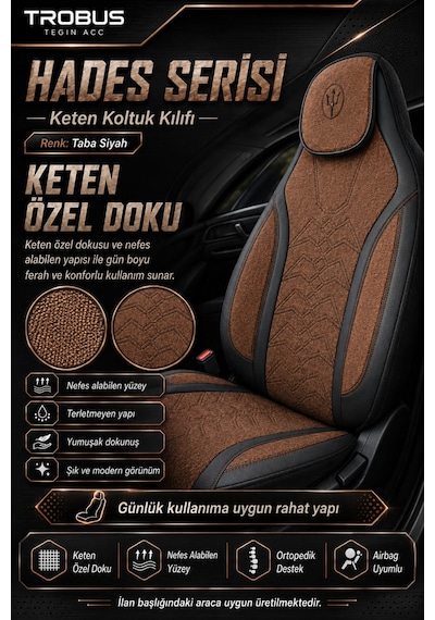 Tesla Model 3 2017 Ve Sonrası Uyumlu Hades Serisi Keten Koltuk Kılıfı Taba Siyah