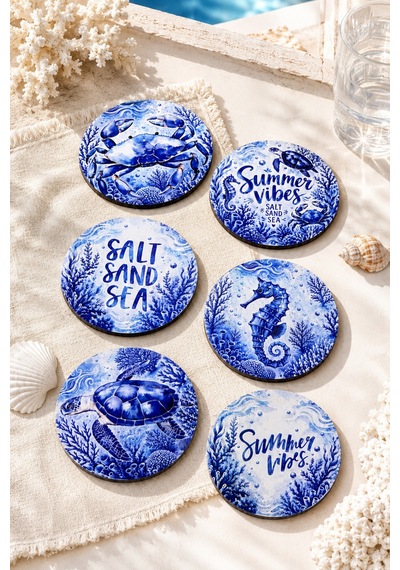 Deniz Temalı 6 Lı Bardak Altlığı Seti, 9 Cm Mdf Ahşap, Dijital Baskı Çok Renkli