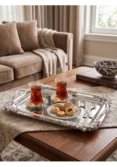 Yumeo Mila Dikdörtgen Aynalı Kulplu Gümüş Söz Nişan Ve Kız İsteme Tepsisi Çeyizlik Lüks Sunum 33x18 Cm