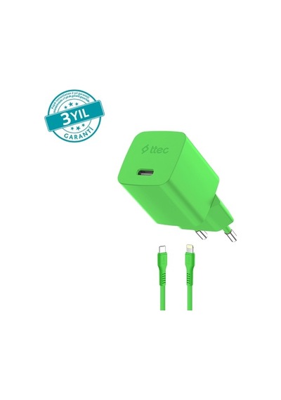 Smartcharger Gan 20w Pd Seyahat Hızlı Şarj Aleti + Usb-c - Lightning 120cm Kablo Neon Yeşil