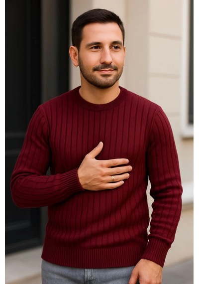Efnaz Style Erkek Bisiklet Yuvarlak Yaka Triko Kazak Pamuklu Kalın Fitilli Dokuma, Regular Fit Uzun Kollu Kışlık Model - Bordo