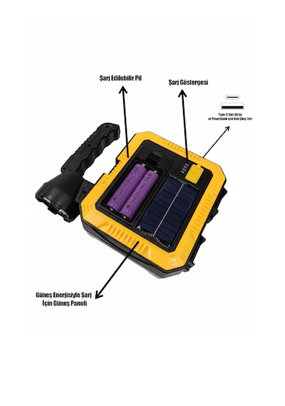 Dorf El Feneri Ve Takım Çantası Seti Güneş Enerjili Şarj Powerbank Özelliği Sarı - Siyah