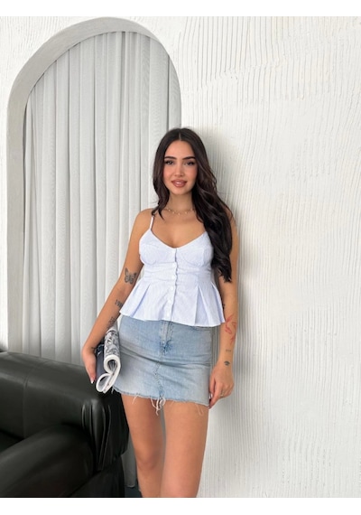Askılı Dekolte Deraylı Crop - Açık Mavi