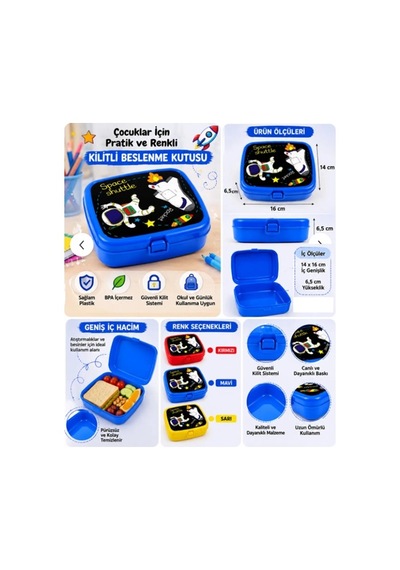 Çocuk Beslenme Kutusu Kilitli 2 Bölmeli Bpa İçermez Lunch Box Okul Beslenme Kabı Uzay Temalı Plastik Çok Renkli