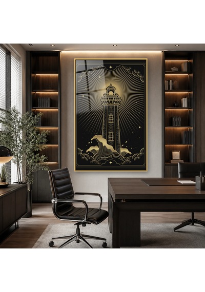 Dalgalarda Altın Deniz Feneri Gold Çerçeveli Cam Tablo