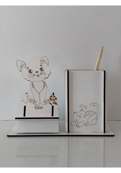 Ahşap Kedi Motifli Kişiselleştirilebilir Telefon Tutucu Ve Kalemlik