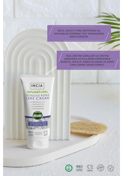 INCIA %100 Doğal Onarıcı Bakım Kremi Yoğun Nemlendirici Cilt Bakım Lavanta Avokado Shea Vegan 50 ML