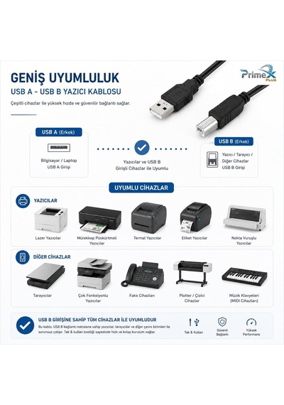 Primex Px-y15 1.5 Metre Siyah Usb Yazıcı Kablosu, Usb-a To Usb-b Printer Kablo, Yazıcı Tarayıcı Fotokopi Cihazı Bağlantı Kablosu, Pc Laptop Usb-b Girişli Yazıcılar İle Uyumlu