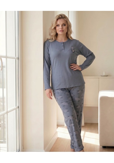 Eyfuze Kadın Kışlık Büyük Beden Curve Nakışlı Desenli Yakası Düğmeli Uzun Kollu Pijama Takımı Antrasit - Gri