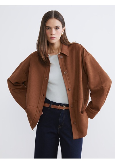 Lcw Vision Bej Oversize Kadın Süet Görünümlü Gömlek