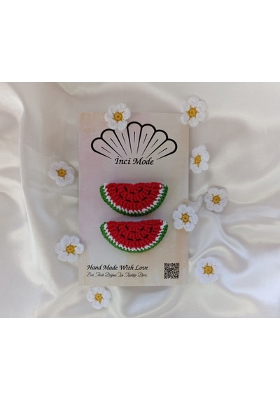 Kız Çocuk Karpuz Meyveli 2'li Toka Seti Hand Made Örgü Toka Çok Renkli