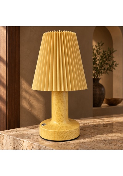 Sleepnova Şarjlı Led Masa Lambası Ahşap Görünümlü Pileli Abajur 3 Işık Modlu 15x13 Cm Ahşap  - Bej