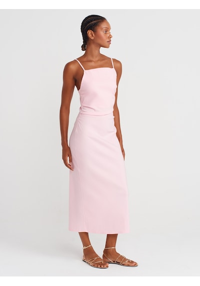 Dilvin 91479 Büzgülü Midi Elbise-toz Pembe Toz Pembe