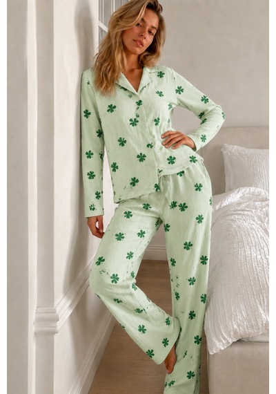 Womanandkids Yeşil Kadın Desenli Düğmeli Uzun Kollu Pijama Takımı
