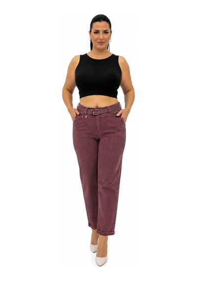 Büyük Beden Yüksek Bel Kemerli Taş Detaylı Mom Kesim Denim Kadın Pantolon Bordo