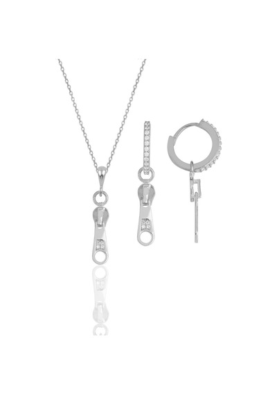 Gümüş Rodyumlu Zirkon Taşlı Fermuar Kolye Ve Küpe İkili Set