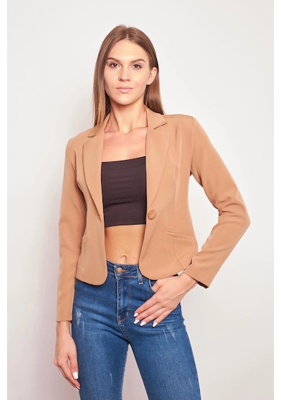Yakalı Flato Cepli Uzun Kol Pamuklu Kumaş Kısa Blazer Ofis Ceket-camel CAMEL