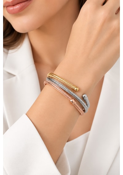 Kadın 3 Renk Örgü Bileklik Gold Gümüş Rose Gold Şık Tasarım Çok Renkli Çok Renkli