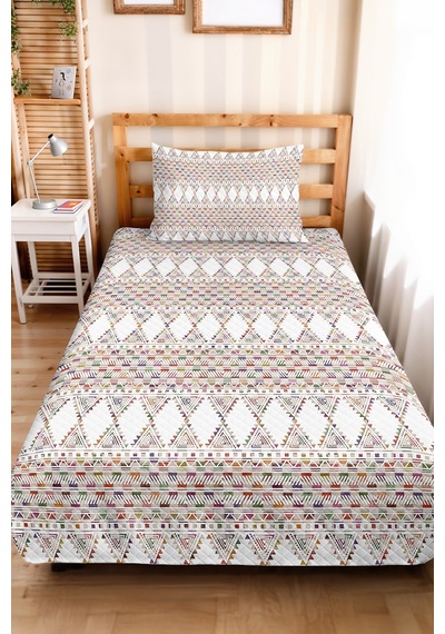 Geometrik Beyaz Genç Odası Tek Kişilik Pike Takımı - Bohem Renkli 160x220 Cm Kapitone Yatak Örtüsü Şeffaf