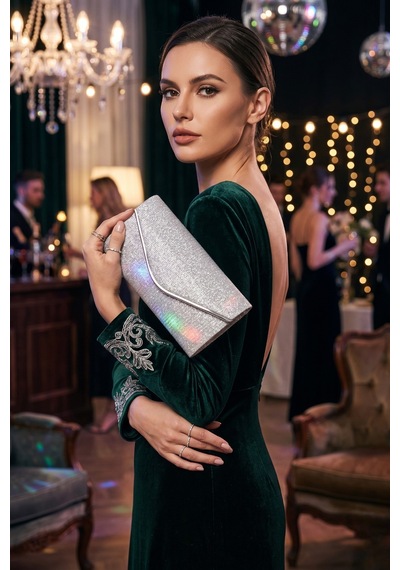 Vellabags Gümüş Işıltılı Kadın Abiye Portföy Çanta