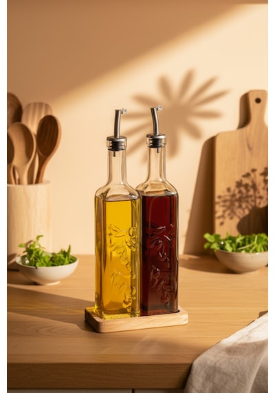 Snippy Safir - 2'li Ahşap Standlı Cam Zeytinyağı Sıvıyağ Şişesi Yağdanlık Damlatmaz Yağlık Sirkelik Soft 500ml Ahşap