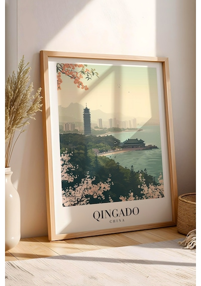 Qingdao China Vintage Seyahat Posteri Çerçeveli Tablo - Premium Uzak Doğu Elit Duvar Dekoru Kayın