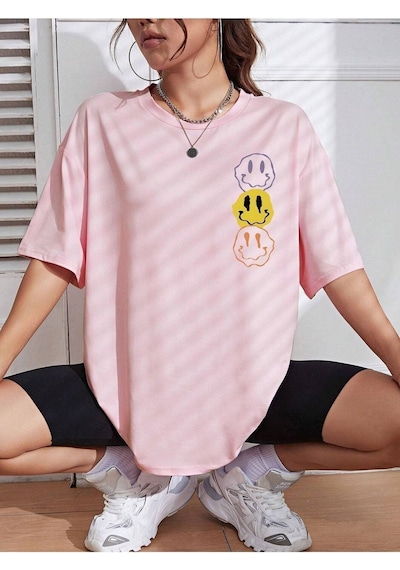 Emoji T-shirt - Pembe Baskılı Oversize Bisiklet Yaka Kısa Kol Pembe