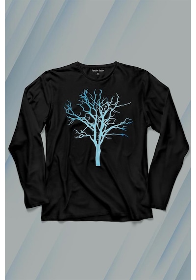 Nature Hayat Ağacı Kuru Ağaç Silüeti Uzun Kollu Tişört Baskılı T-shirt 001