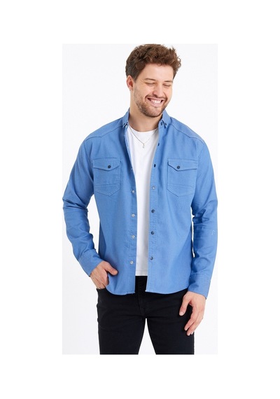 Cool Tarz Erkek Mavi Çift Cepli Çıt Çıt Düğmeli Slim Fit Kot Gömlek-tcktgmlkr02s Mavi Mavi