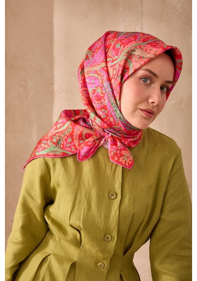 Silk Home Twill İpek Eşarp 11473-24 Pembe, Kırmızı, Biskay Yeşili