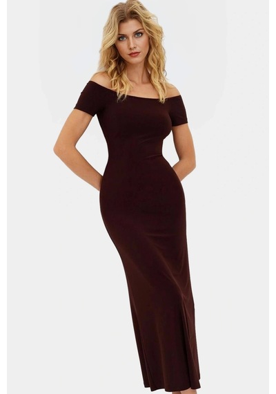 Ersefa Yazlık Bodycon Maxi Elbise 96% Polyester Carmen Yaka Kısa Kollu Y Kahverengi