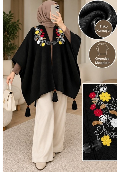 Genel Markalar Novea Scarf Siyah Renkli İşlemeli Triko Şık Panço Siyah - 939189859 Siyah