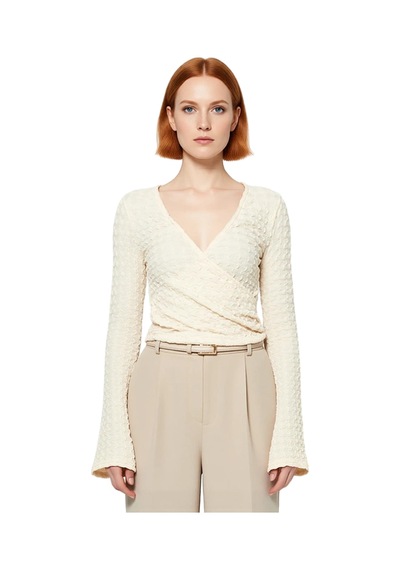 Ersefa Moda Kruvaze Örme Regular Düz Desen Casual Günlük Crop Uzun Kol B Bej