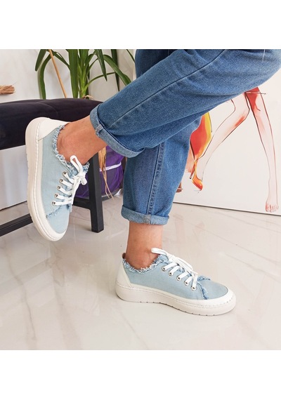 Mavi Renk Bağcıklı Düz Taban Kadın Kot Sneakers 001