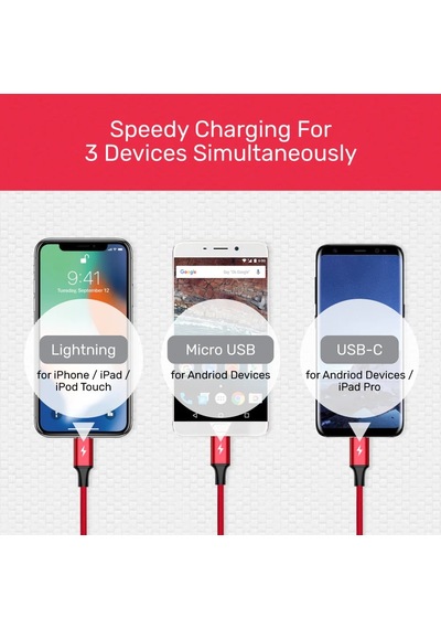 Unıtek Usb-a 3in1 Hızlı Şarj Kablosu 1.2mt 2.4a Mıcro Usb, Type-c, Lıghtnıng C14049bk