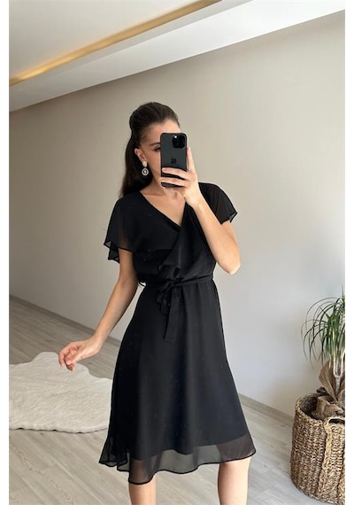 Neşeli Butik Kadın V Yaka Kuşaklı Mini Şifon Elbise Nm007 Siyah