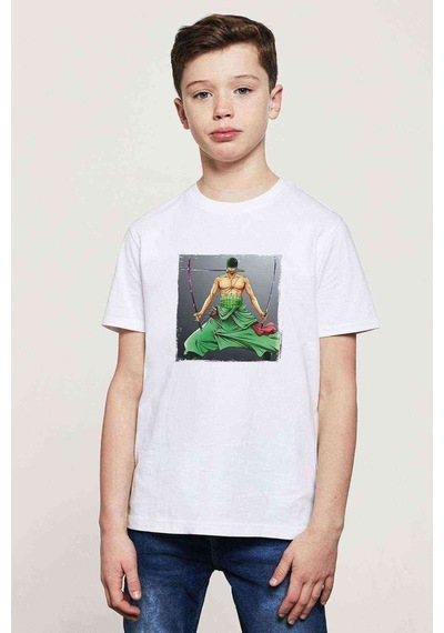 Tshirthane Anime One Piece Roronoa Zoro Baskılı Unisex Çocuk Beyaz T-Shirt