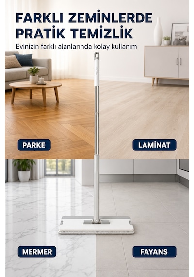 Temiz Ve Kirli Su Ayrımlı Mikrofiber Tablet Mop Ve Kovalı Temizlik Seti 360 Döner Başlık, 2 Yıkanabilir Bez