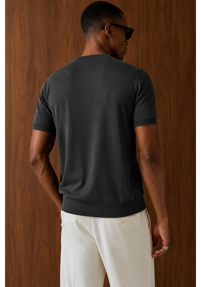 Tarz Cool Erkek Bisiklet Yaka Kısa Kollu İnce Triko Slim Fit Günlük Şık Triko T-shirt Gri