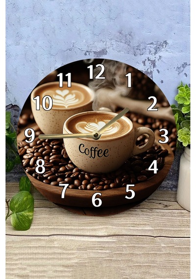 Sessiz Yuvarlak Ahşap Duvar Saati, Kuvars Coffe Desen 2d Sdw2015 Renkli