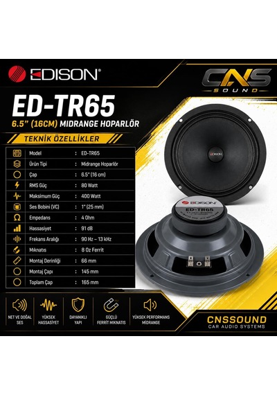 Tr Edison Ed-tr65 6.5 İnç 16 Cm Midrange Hoparlör 80w Rms 400w Max 1 Voice Coil 4 Ohm 91 Db