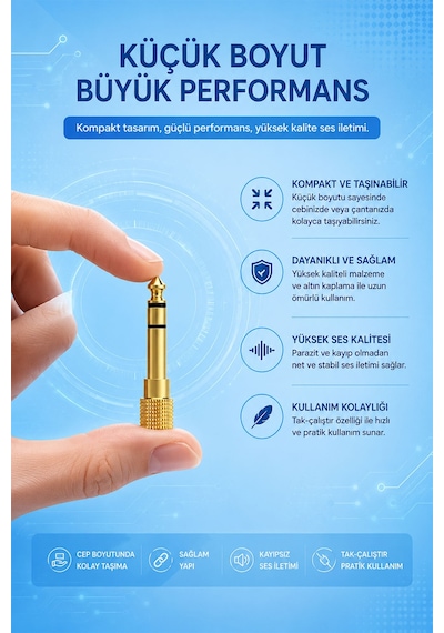 3.5mm Dişi - 6.35mm Erkek Ses Dönüştürücü Adaptör, Stereo Jak Çevirici, Kulaklık Mikrofon Hoparlör Amfi Mikser Uyumlu, Altın Kaplama, Metal Gövde, Tak Çalıştır S310
